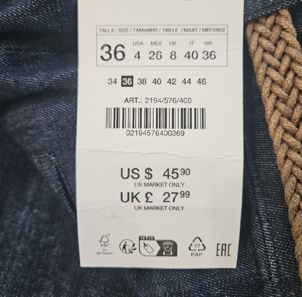 Zara NWT Braided Belt Chino Denim Pants, Size 4. - Picture 8 of 8
